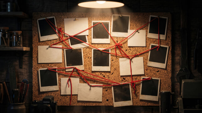 Spotlight illuminates dark cork board with blank photos and red string