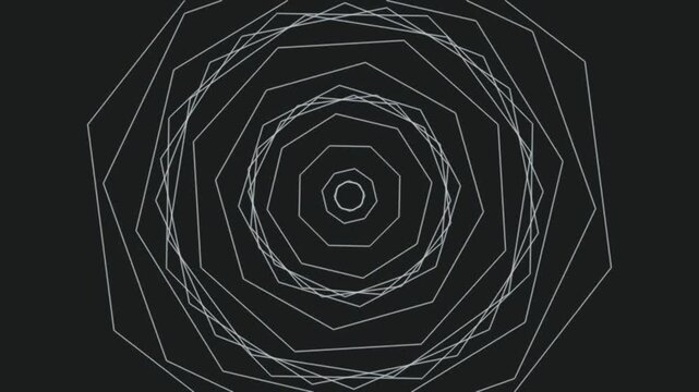Minimalist white geometric pulsating octagons on black background