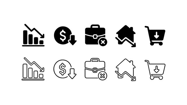 Business Crisis and Economic Decline Icon Set in Silhouette and Outline Vector