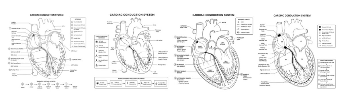 29.epsCardiac conduction system infographic set showing sinoatrial node, atrioventricular node, bundle branches and Purkinje fibers with detailed labeled anatomical heart diagrams