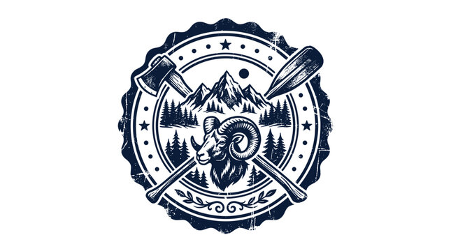 Ram head emblem with crossed axes and paddle, ideal for outdoor branding, adventure clubs, camping businesses, badges, merchandise, and vintage logo designs.