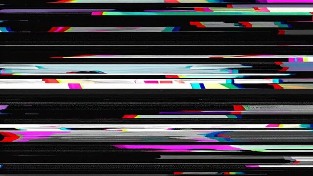 Glitchy screen displays distorted colorful horizontal lines on black