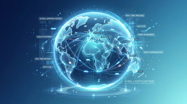 Global logistics digital globe shipping route data line supply chain cargo network technology concept with glowing world map and transport tracking interface
