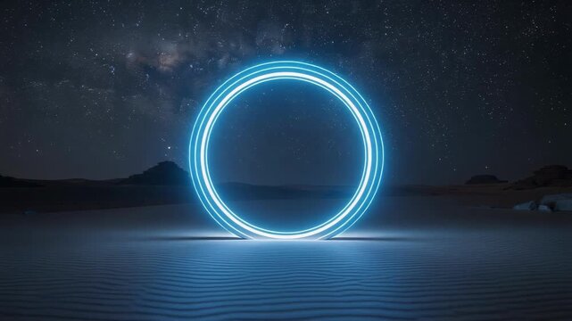 Glowing Neon Circle Pulses Softly in Vast Desert Under Star Filled Sky, Creating Mesmerizing and Serene Night Light Atmosphere