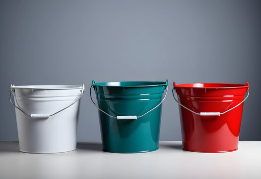Three colorful metal buckets on a gray background