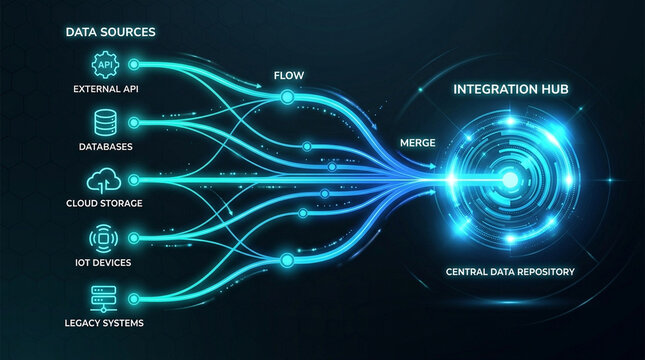 System integration workflow multiple source hub data flow merge connection network digital glowing technology concept with source stream joining central repository
