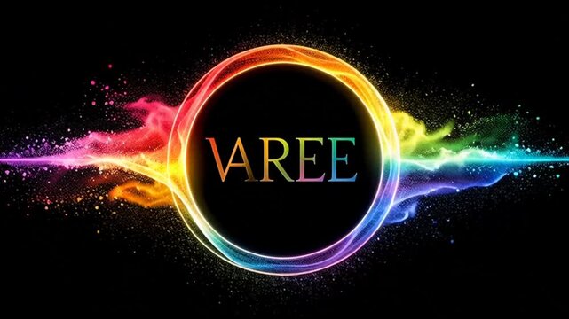 Vibrant rainbow colored logo with VAREE text surrounded by swirling lines on black background