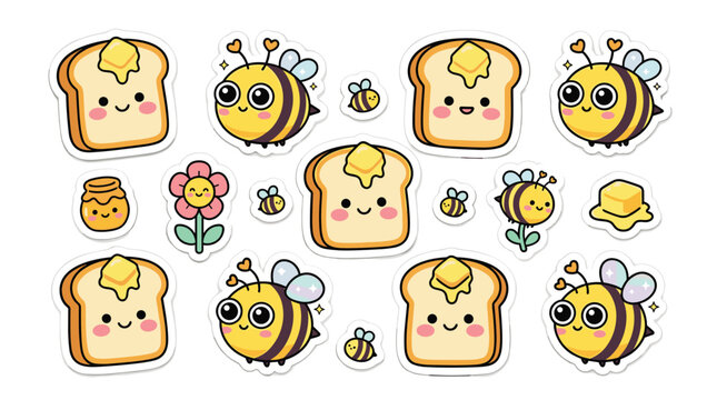 Cute toast and bee character collection in flat cartoon vector style, perfect for stickers, children's products, greeting cards, planners, nursery decor, and kawaii themed designs.