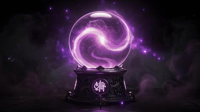 Ornate Mystical Crystal Ball Glowing with Purple Energy Surrounded by Dark Mist and Enchanting Atmosphere