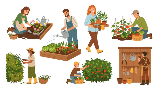 Diverse people engaged in various gardening activities in a stylized illustration.