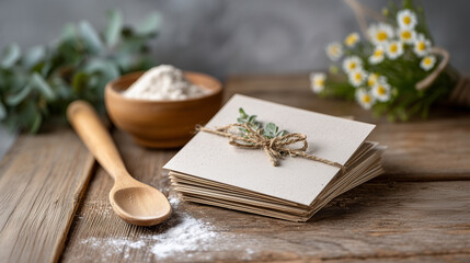 Naklejka premium Rustic Stationery Mockup with Dried Flowers and Wooden Spoon on Wooden Table