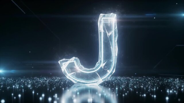 Glowing Icy Letter J Shimmers with Digital Sparks in Dark Futuristic Space, Creating Captivating Visual Effect of Light Flares