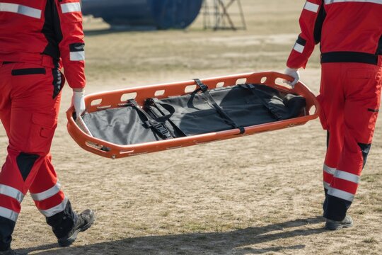 Paramedics in professional red uniforms carrying an empty orange trauma stretcher across an outdoor field during an emergency training exercise, urgent and dynamic rescue response concept