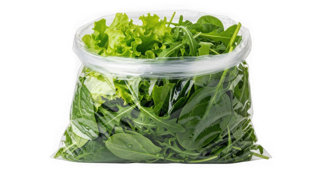 Fresh green leafy vegetables in clear plastic container top view