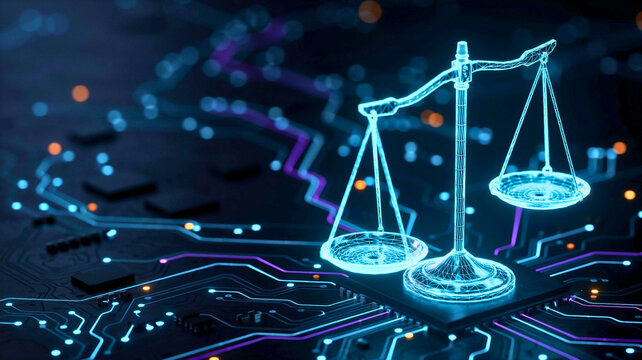 Digital Scale of Justice on Futuristic Circuit Board for AI Legal Technology
