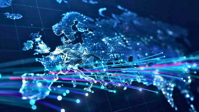 Futuristic Digital Europe Map with High-Speed Fiber Optic Data Streams