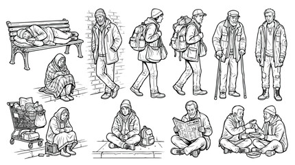 Fototapeta premium Homeless people line art collection, 10 vector illustrations of poverty and social issues, beggar characters and vagrant men in outline style