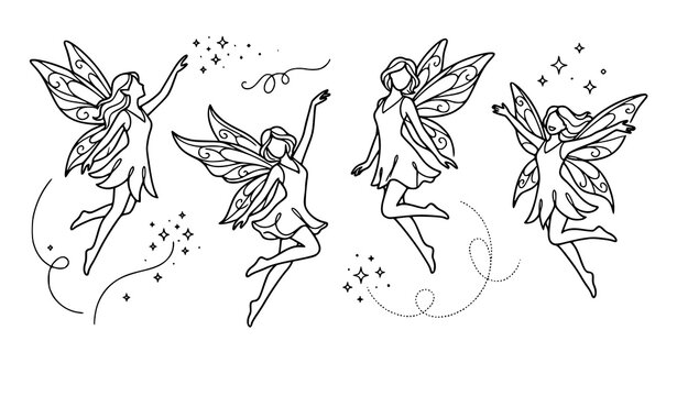 Whimsical line art fairies in flight with sparkles