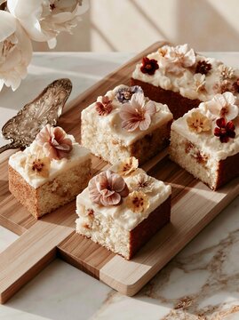 Overhead shot of square cake slices topped with edible flowers arranged on a wooden serving board against a light marble background