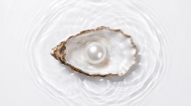 Top view of a luxury white pearl inside an open oyster shell on white water background with ripples.