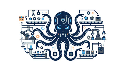 Robotic octopus managing complex automated factory production line. © pola