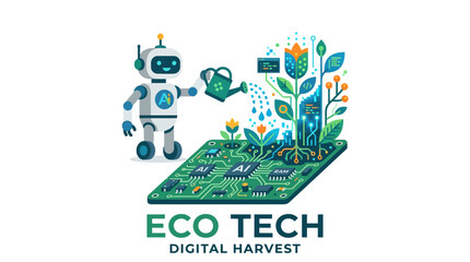 Robot watering digital plants on circuit board eco tech concept. © pola
