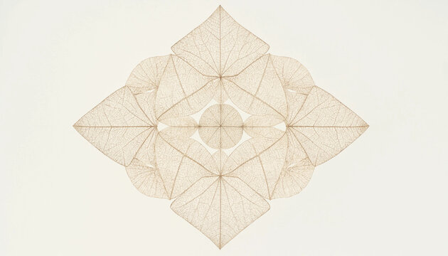 A symmetrical geometric pattern formed by delicate, dried skeleton leaves arranged in a diamond shape on a plain white background