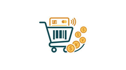 Shopping cart with credit card and falling coins. © pola