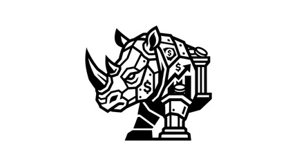 Stylized rhino head icon combined with financial bank architecture. © pola