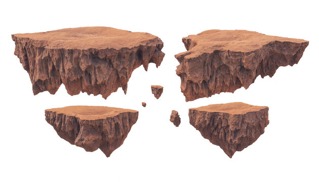 Four floating desert rock islands with jagged cliffs and textured surfaces, isolated on a clean white background, for easy compositing work
