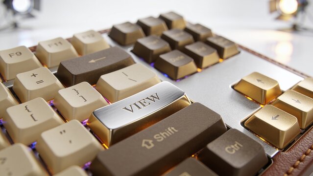 close-up of a custom-made premium keyboard with a key labeled "VIEW"