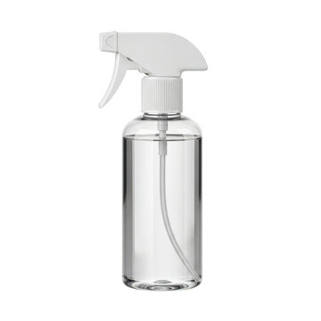 Clear plastic spray bottle with white trigger sprayer isolated on transparent background