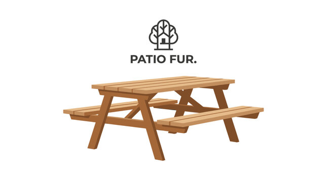 Wooden picnic table illustration for outdoor patio furniture branding.