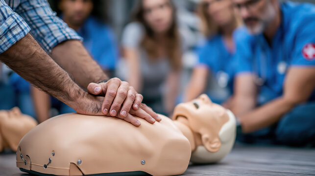 CPR training session with group practicing chest compressions on medical mannequin, focused hands and attentive learners in blue uniform