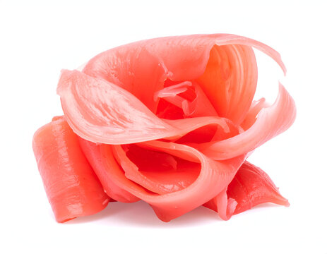 Traditional pink gari pickled ginger slices flower rose shape isolated on white background Japanese food