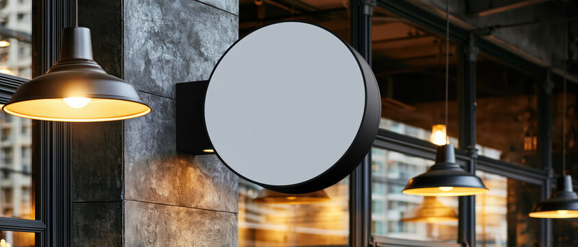 Round blank business sign mounted on modern stone wall with warm hanging lights in cozy urban interior