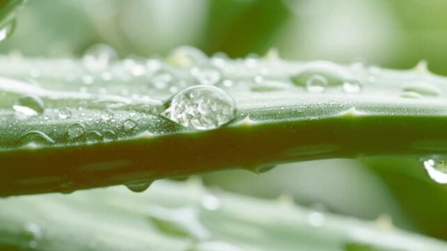Macro footage of water drops falling on aloe vera leaf shows refreshing dew on green succulent plant during rainy morning close up with cinematic slow motion.