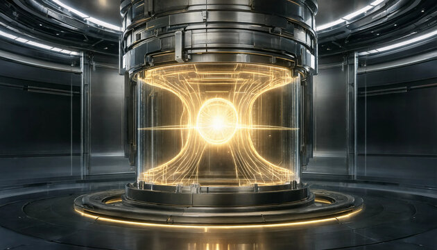 Futuristic energy core reactor with glowing golden plasma suspended inside a cylindrical glass chamber in a dark metallic laboratory