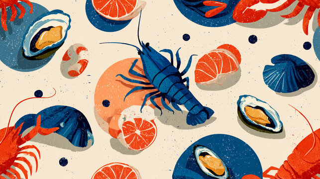 Pattern of seafood featuring lobsters oysters and citrus fruit.