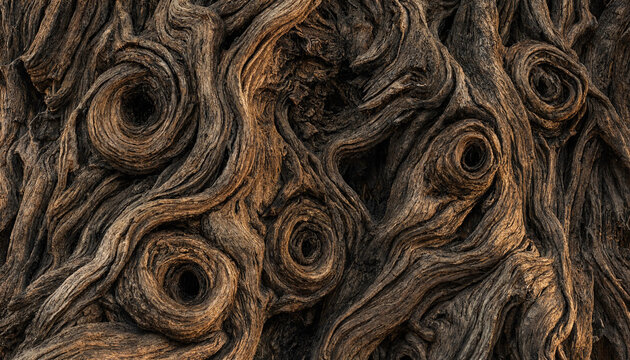 Close up detailed view of ancient tree bark texture with deep swirling patterns, knots, and weathered wood grain in dark brown tones