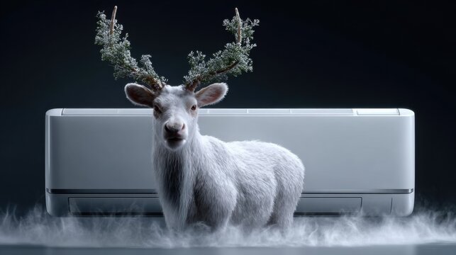 Creative display of a deer with antlers standing in front of an air conditioning unit during an artistic scene