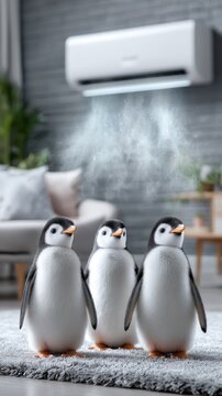 Penguins standing together in a living room with air conditioning running during a warm day