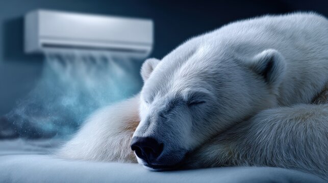 Bear sleeps on a bed near an air conditioning unit in a cool room during a warm day