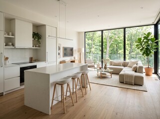 Fototapeta premium Luxury Modern Open Plan Living Room and Kitchen Interior with White Cabinets and Large Window View