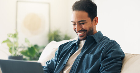 Fototapeta premium Remote work, happy or man in home with laptop, pitch. research or positive feedback in digital marketing. WFH, smile or brand advisor with tech, report update or good news on creative ad campaign