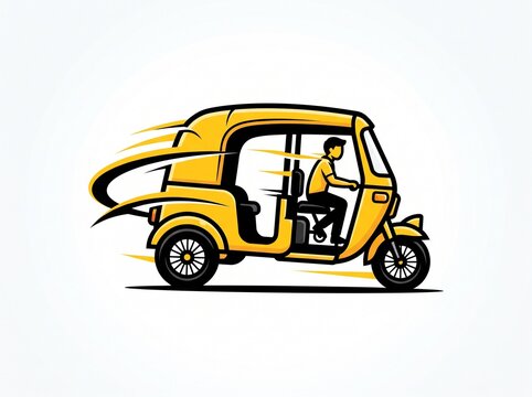 Illustration of yellow three-wheel auto rickshaw moving forward on road