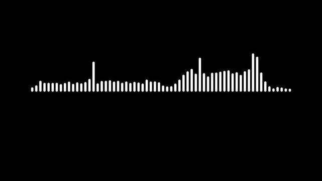 Dynamic white audio frequency animation, music spectrum visualizer, black background, digital equalizer bars, podcast voice waveform, futuristic sound interface, seamless 4K loop.