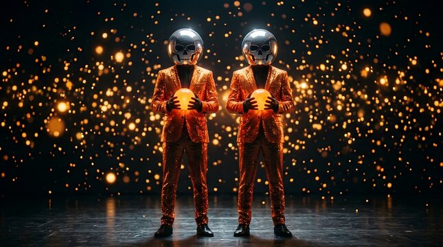 Two performers in shiny gold suits and chrome skull helmets holding glowing orbs against a bokeh light background