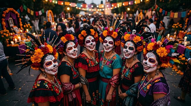 Group of women dressed as catrinas celebrating dia de los muertos in mexico
