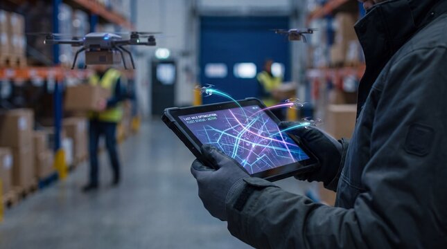 Logistics manager uses tablet with drone delivery route overlay in warehouse